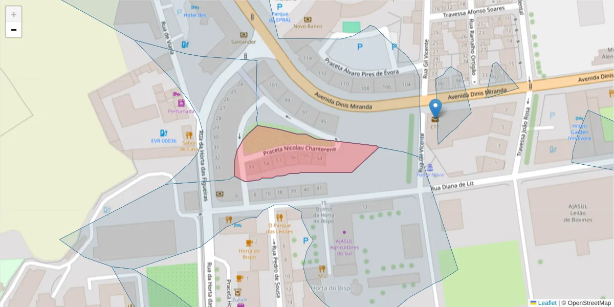Mapa detalhado do código postal 7005-261 com limites, códigos postais vizinhos e agências dos correios