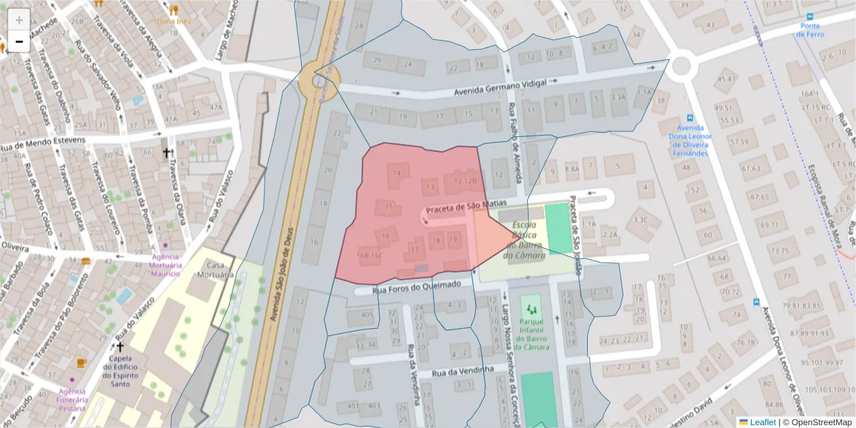 Mapa detalhado do código postal 7005-264 com limites, códigos postais vizinhos e agências dos correios