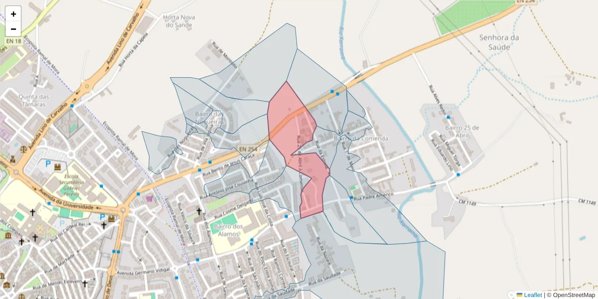 Mapa detalhado do código postal 7005-277 com limites, códigos postais vizinhos e agências dos correios
