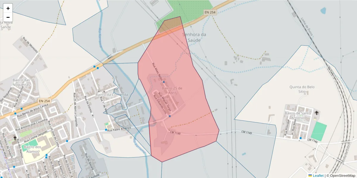 Mapa detalhado do código postal 7005-278 com limites, códigos postais vizinhos e agências dos correios