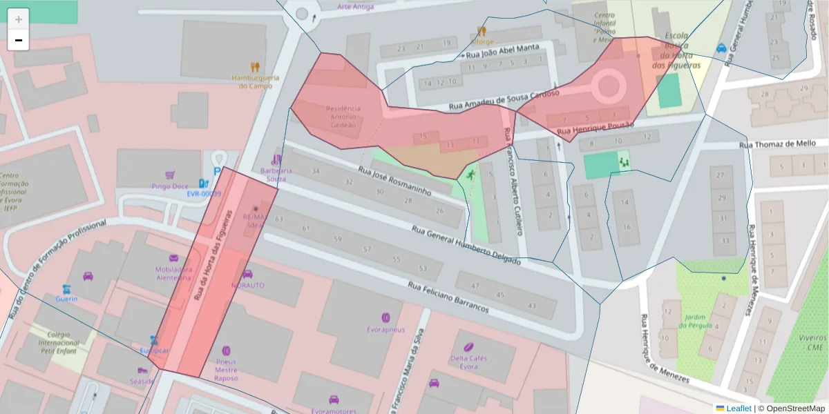 Mapa detalhado do código postal 7005-292 com limites, códigos postais vizinhos e agências dos correios
