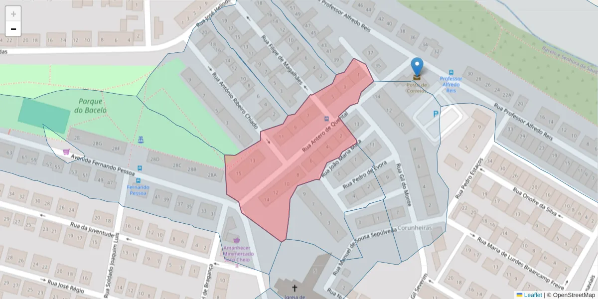 Mapa detalhado do código postal 7005-293 com limites, códigos postais vizinhos e agências dos correios