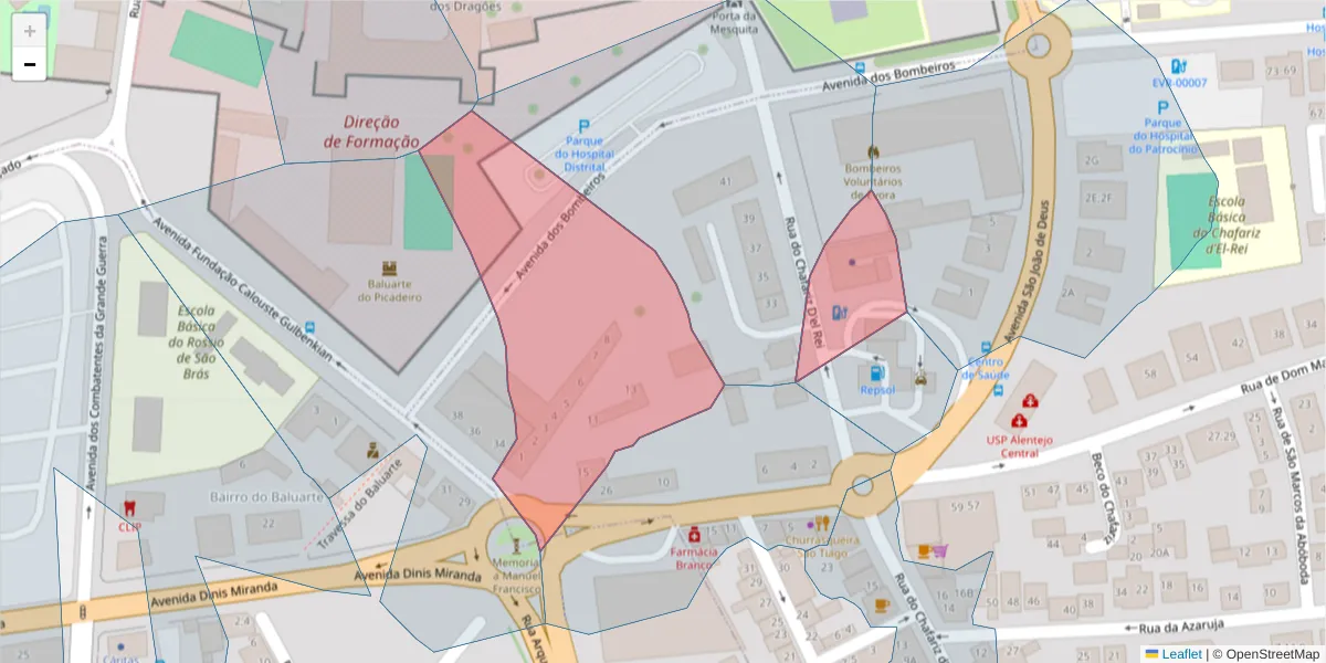 Mapa detalhado do código postal 7005-297 com limites, códigos postais vizinhos e agências dos correios