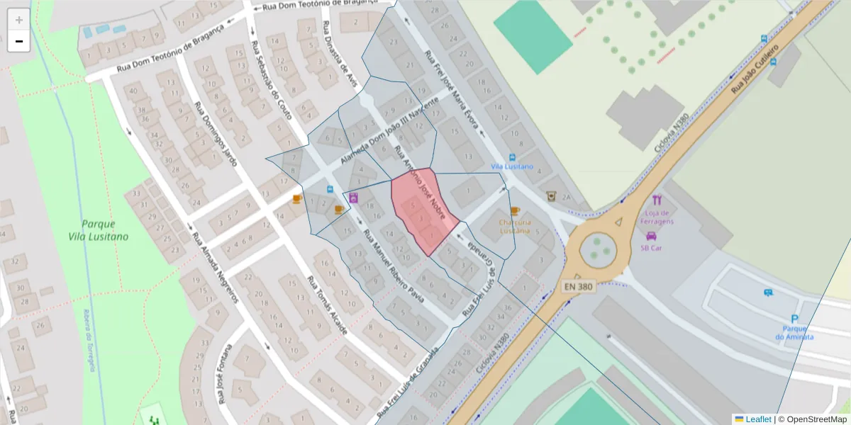Mapa detalhado do código postal 7005-299 com limites, códigos postais vizinhos e agências dos correios