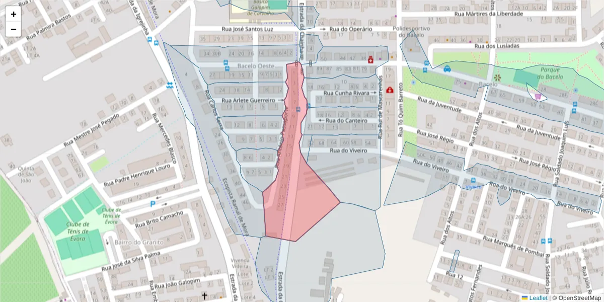 Mapa detalhado do código postal 7005-300 com limites, códigos postais vizinhos e agências dos correios