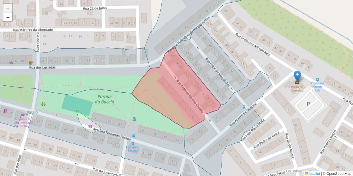 Mapa detalhado do código postal 7005-301 com limites, códigos postais vizinhos e agências dos correios