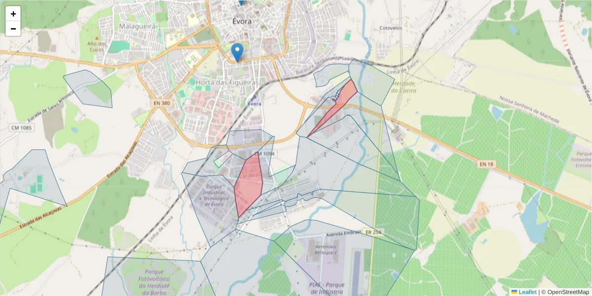 Mapa detalhado do código postal 7005-312 com limites, códigos postais vizinhos e agências dos correios