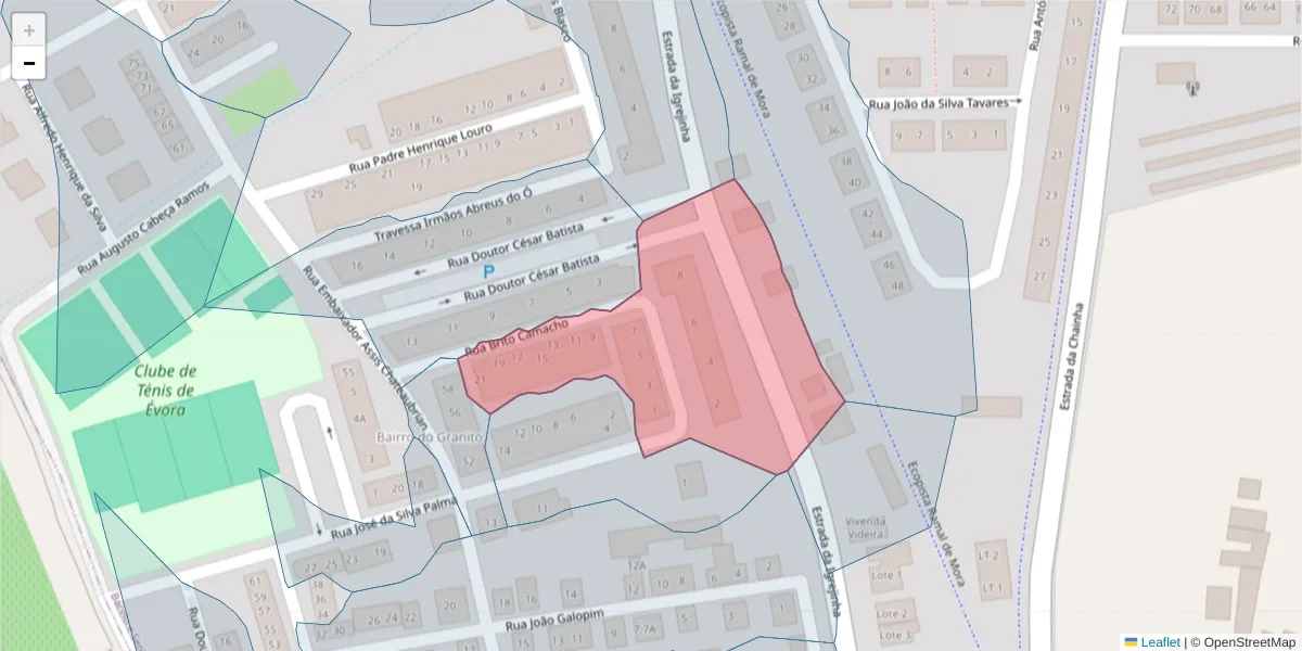Mapa detalhado do código postal 7005-315 com limites, códigos postais vizinhos e agências dos correios