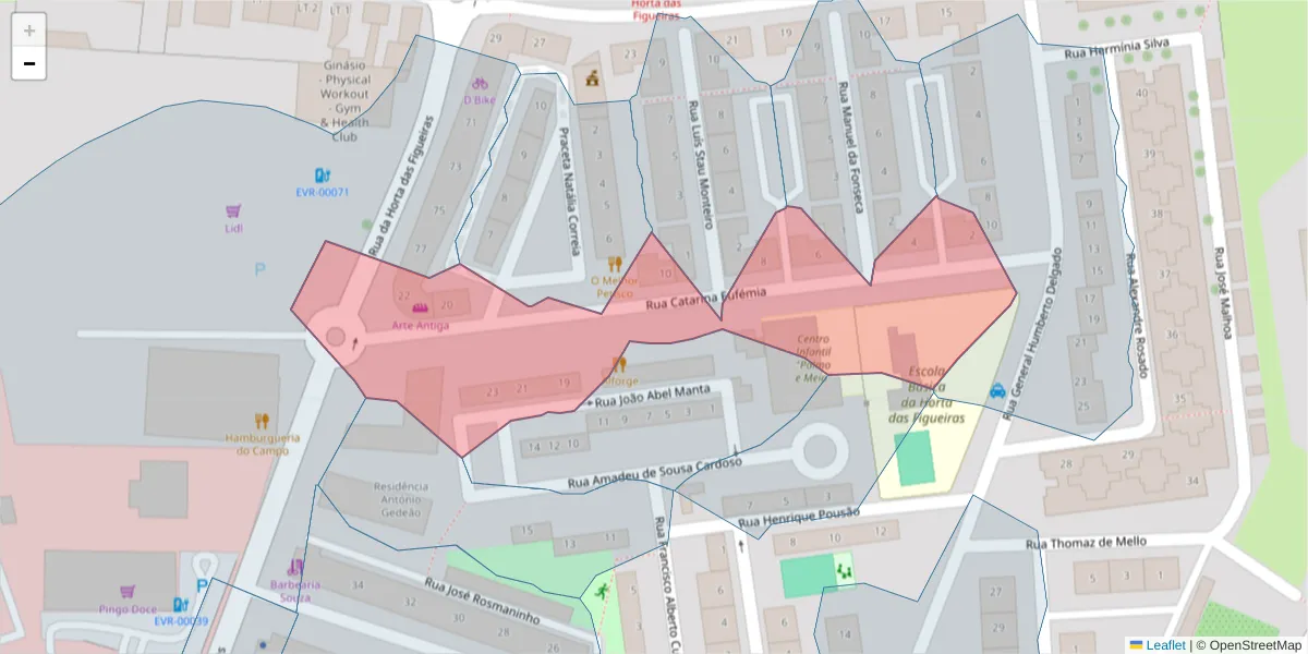 Mapa detalhado do código postal 7005-320 com limites, códigos postais vizinhos e agências dos correios
