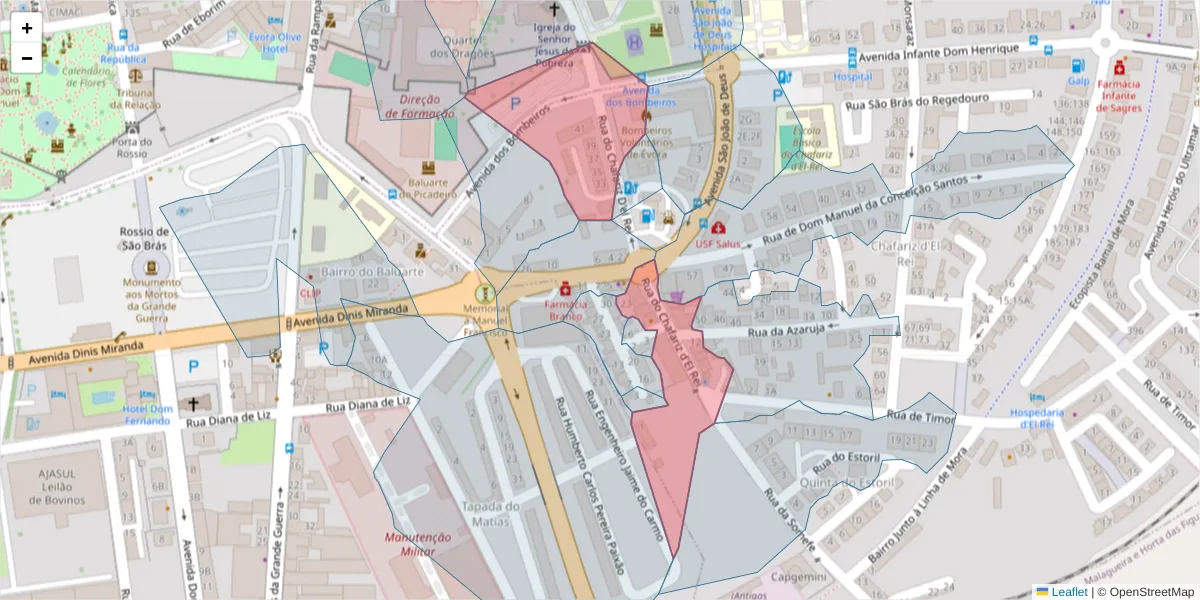 Mapa detalhado do código postal 7005-323 com limites, códigos postais vizinhos e agências dos correios