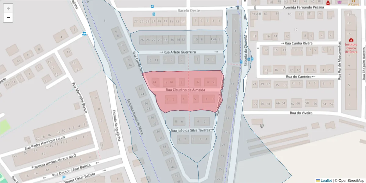 Mapa detalhado do código postal 7005-329 com limites, códigos postais vizinhos e agências dos correios