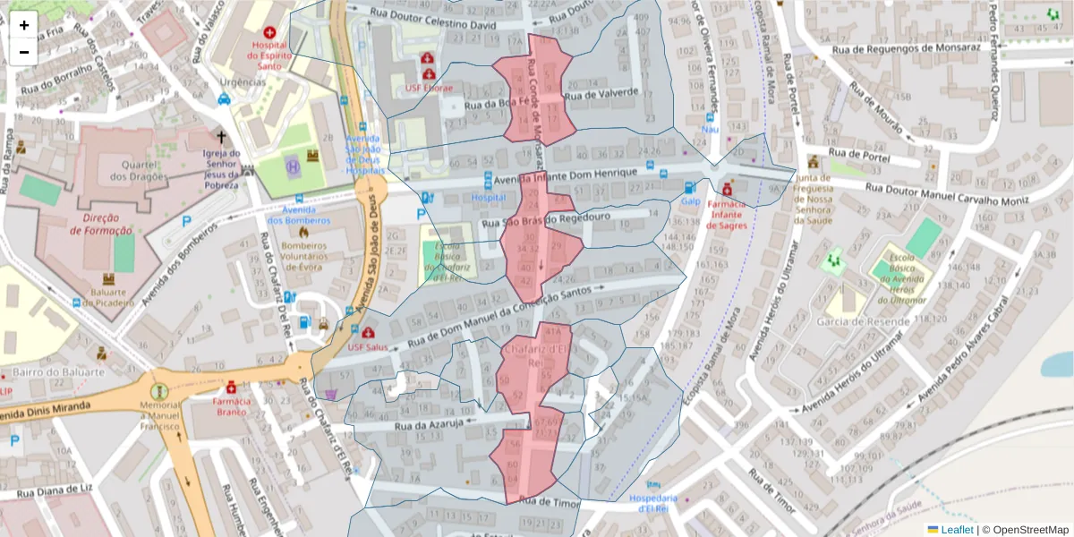 Mapa detalhado do código postal 7005-331 com limites, códigos postais vizinhos e agências dos correios