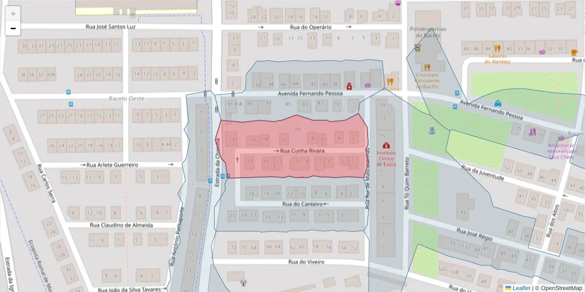 Mapa detalhado do código postal 7005-338 com limites, códigos postais vizinhos e agências dos correios