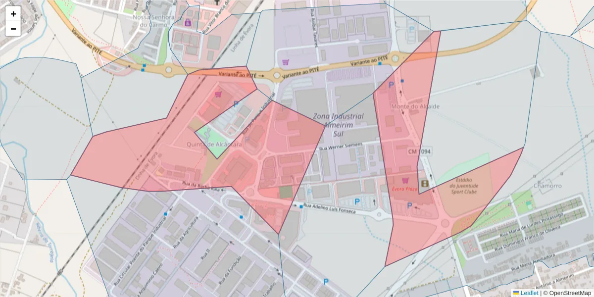 Mapa detalhado do código postal 7005-345 com limites, códigos postais vizinhos e agências dos correios