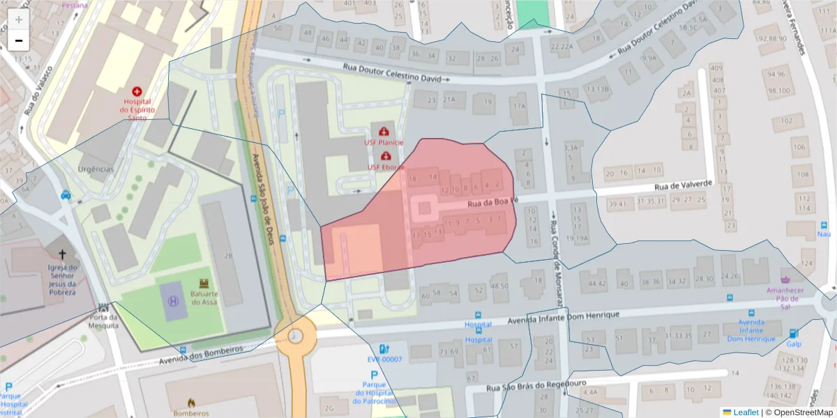 Mapa detalhado do código postal 7005-351 com limites, códigos postais vizinhos e agências dos correios