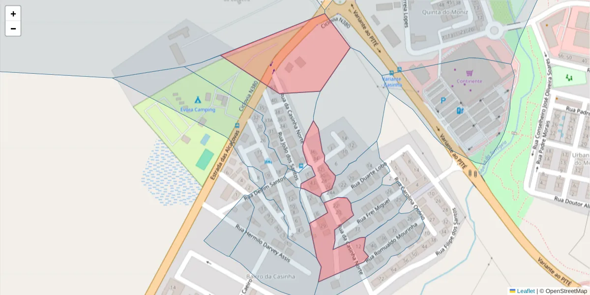 Mapa detalhado do código postal 7005-352 com limites, códigos postais vizinhos e agências dos correios