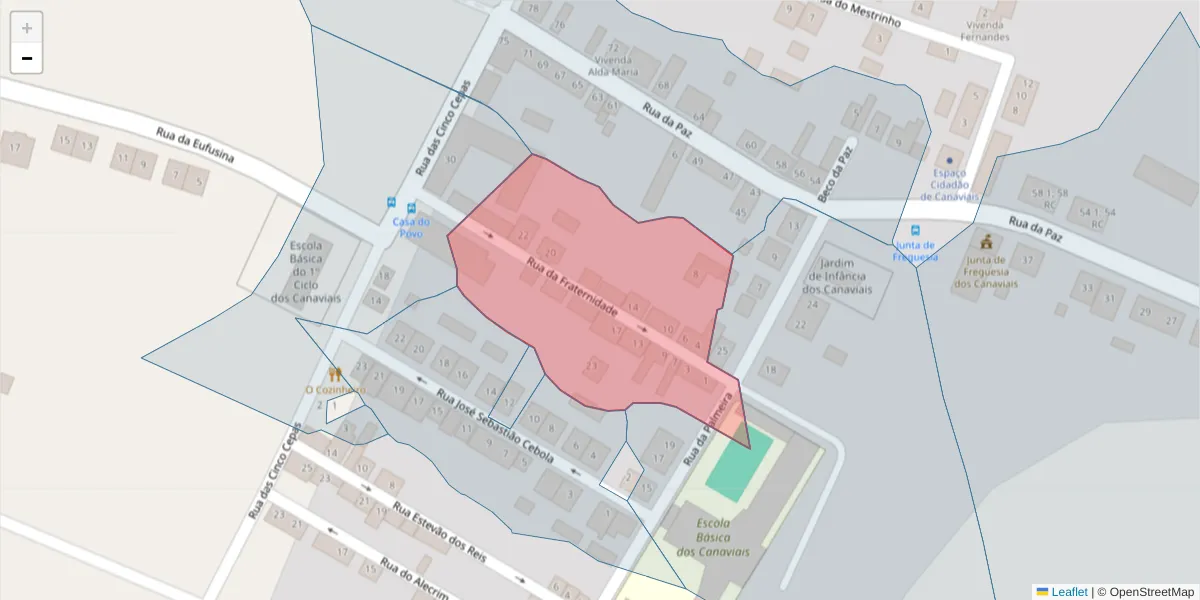 Mapa detalhado do código postal 7005-361 com limites, códigos postais vizinhos e agências dos correios