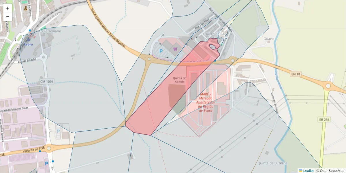 Mapa detalhado do código postal 7005-381 com limites, códigos postais vizinhos e agências dos correios