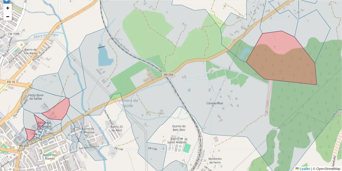 Mapa detalhado do código postal 7005-385 com limites, códigos postais vizinhos e agências dos correios