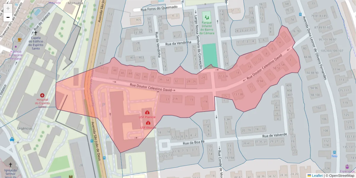 Mapa detalhado do código postal 7005-389 com limites, códigos postais vizinhos e agências dos correios