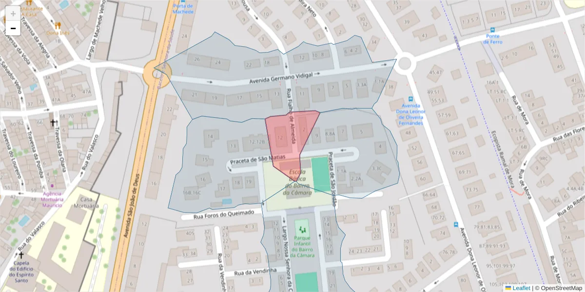 Mapa detalhado do código postal 7005-390 com limites, códigos postais vizinhos e agências dos correios