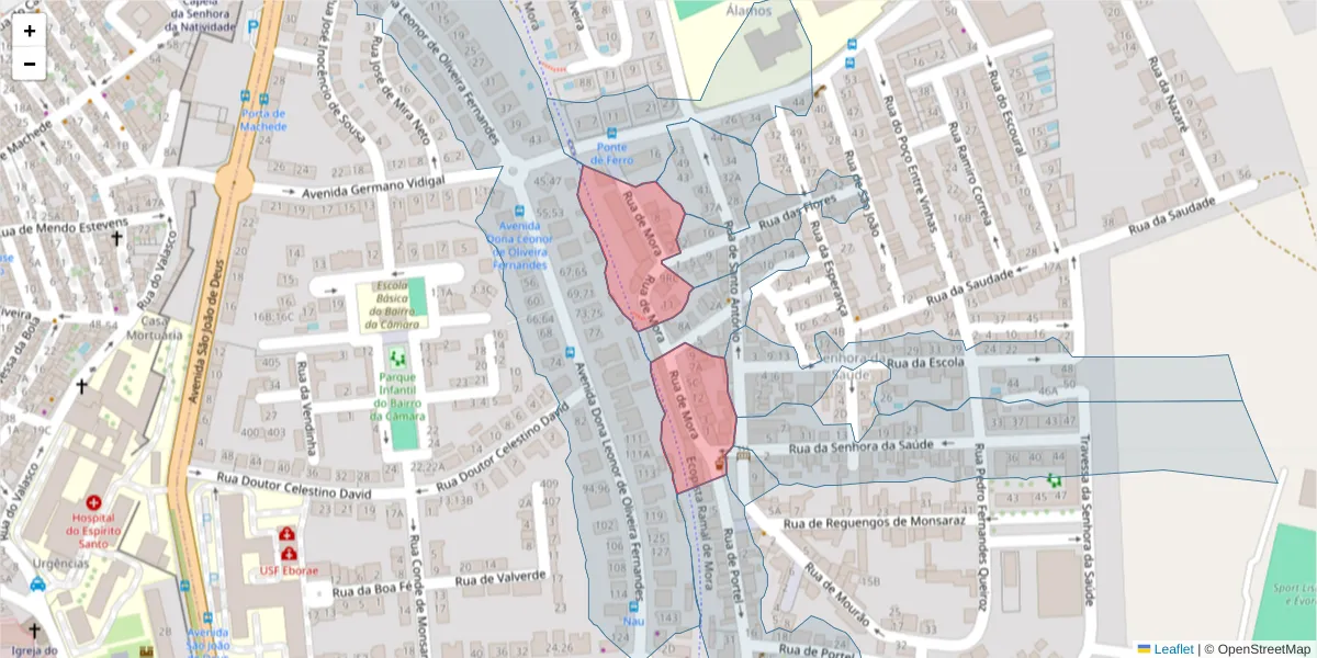 Mapa detalhado do código postal 7005-393 com limites, códigos postais vizinhos e agências dos correios