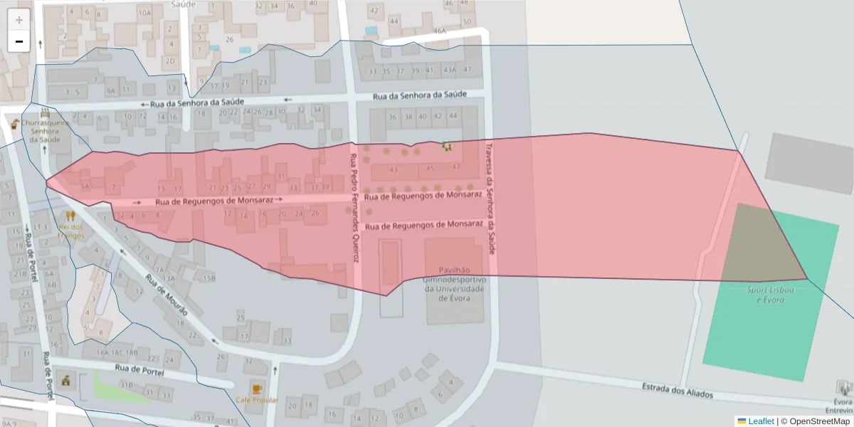 Mapa detalhado do código postal 7005-399 com limites, códigos postais vizinhos e agências dos correios