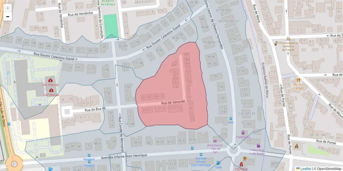 Mapa detalhado do código postal 7005-409 com limites, códigos postais vizinhos e agências dos correios