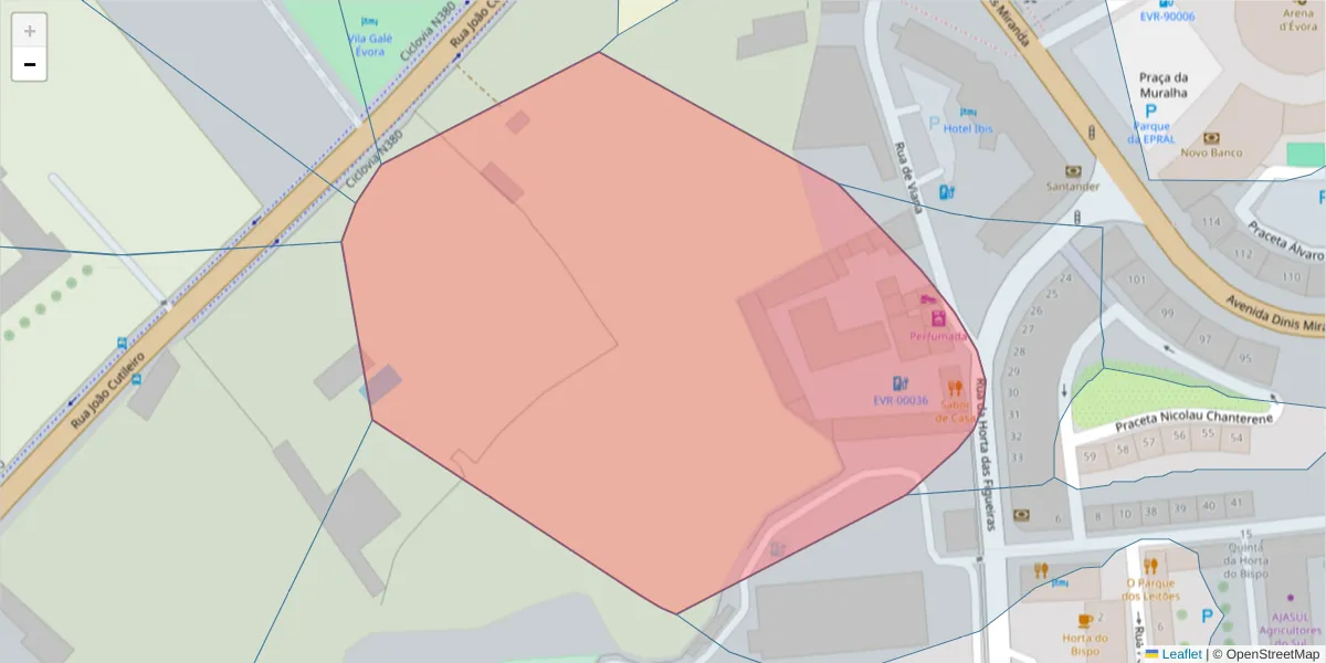 Mapa detalhado do código postal 7005-410 com limites, códigos postais vizinhos e agências dos correios