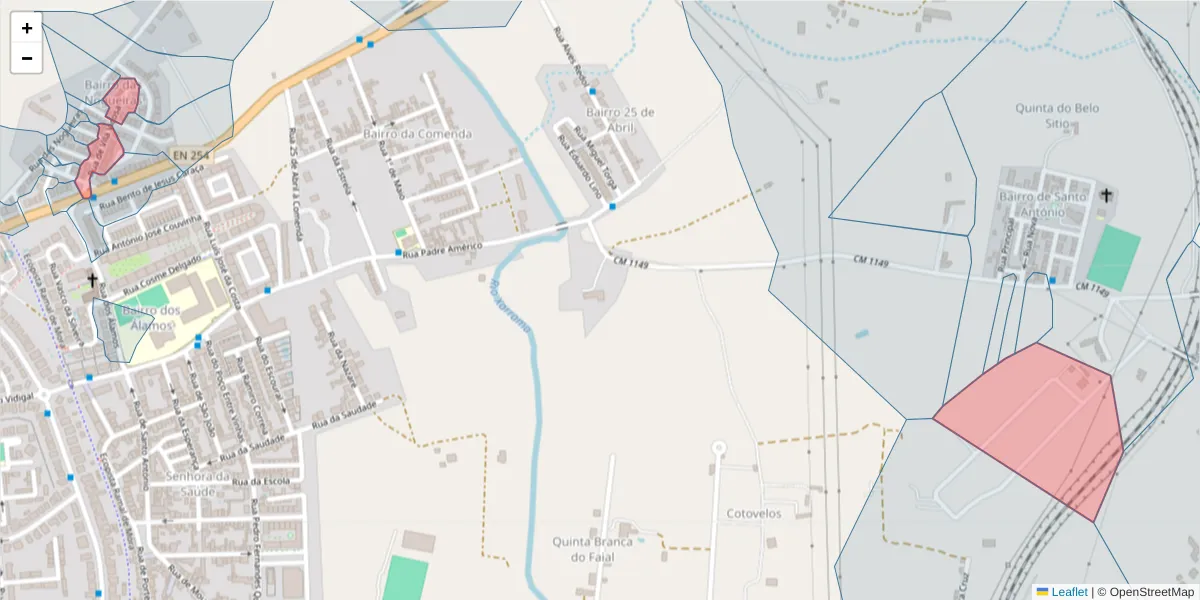 Mapa detalhado do código postal 7005-411 com limites, códigos postais vizinhos e agências dos correios