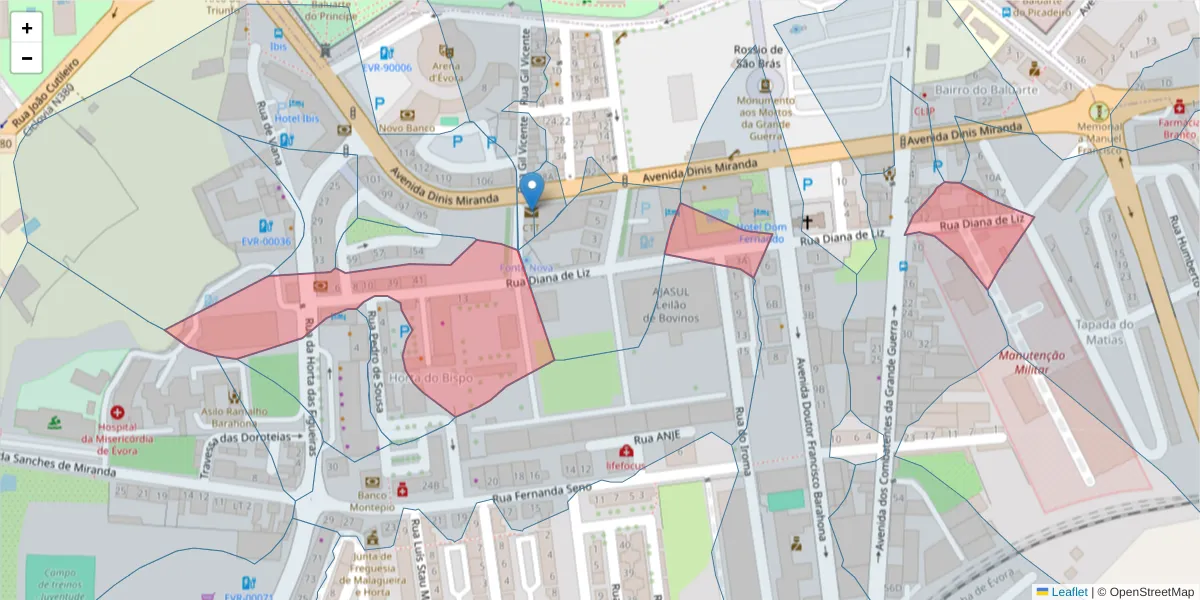 Mapa detalhado do código postal 7005-413 com limites, códigos postais vizinhos e agências dos correios