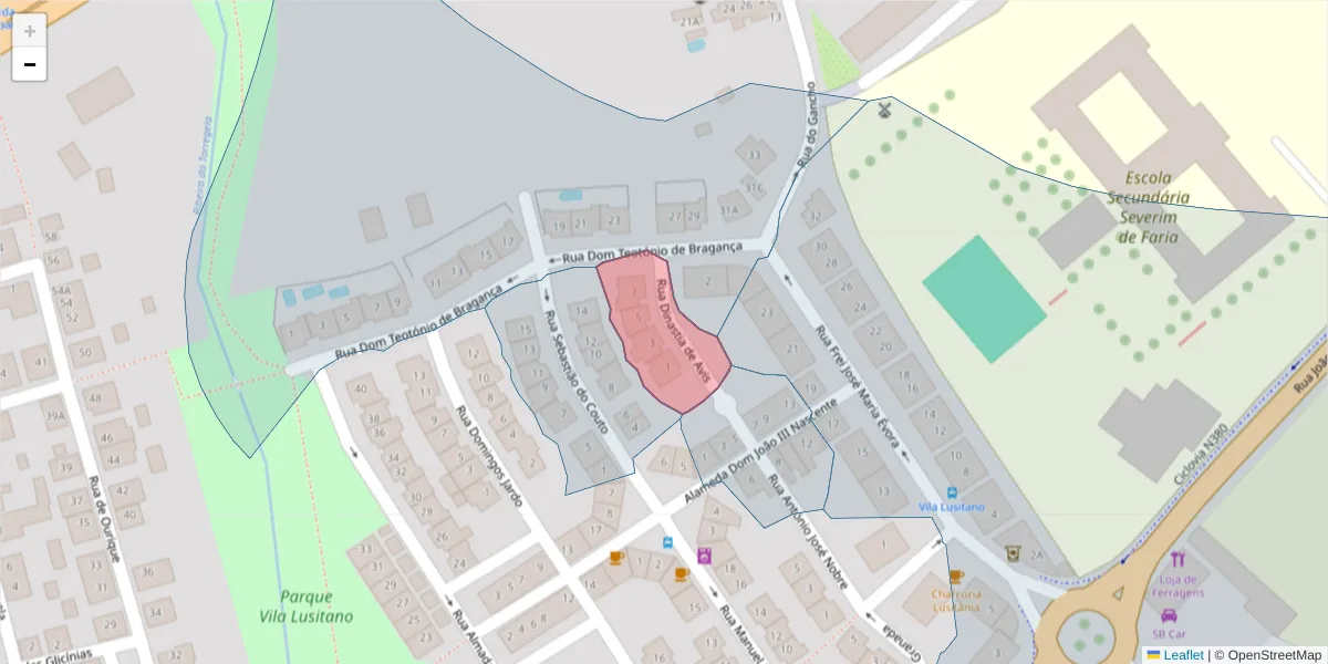 Mapa detalhado do código postal 7005-415 com limites, códigos postais vizinhos e agências dos correios