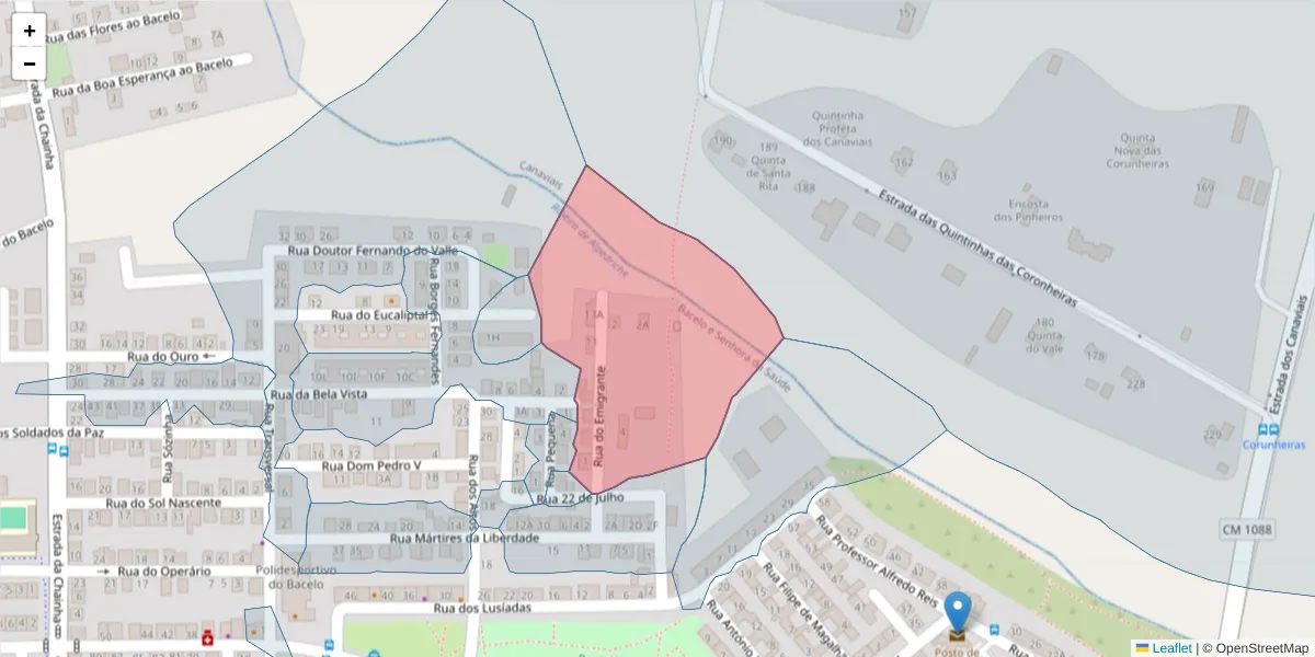 Mapa detalhado do código postal 7005-425 com limites, códigos postais vizinhos e agências dos correios