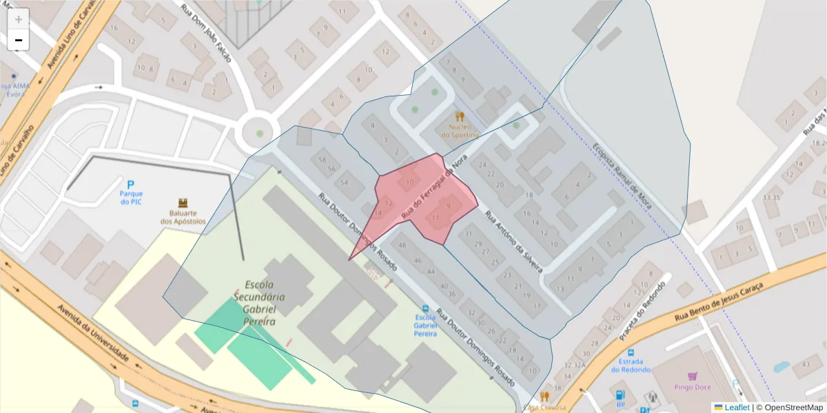 Mapa detalhado do código postal 7005-429 com limites, códigos postais vizinhos e agências dos correios