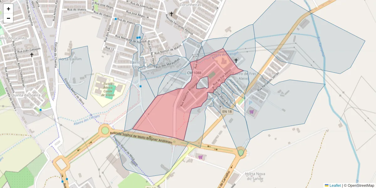 Mapa detalhado do código postal 7005-430 com limites, códigos postais vizinhos e agências dos correios