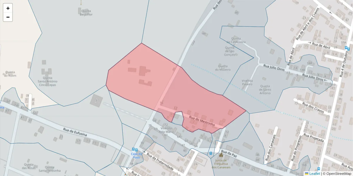 Mapa detalhado do código postal 7005-434 com limites, códigos postais vizinhos e agências dos correios