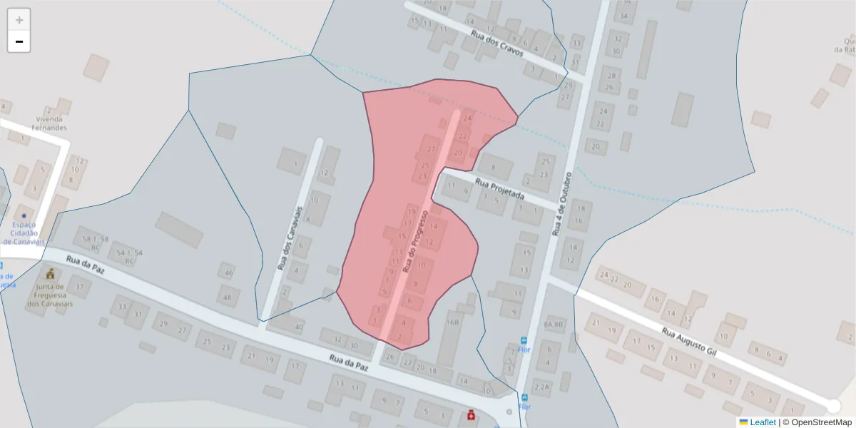 Mapa detalhado do código postal 7005-439 com limites, códigos postais vizinhos e agências dos correios