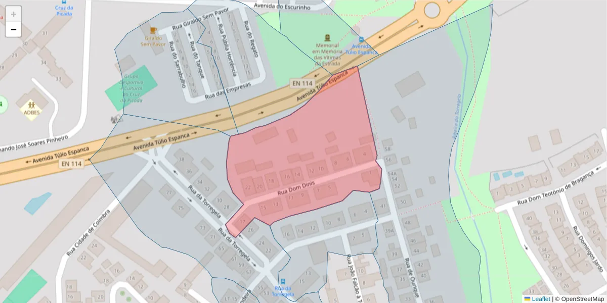 Mapa detalhado do código postal 7005-447 com limites, códigos postais vizinhos e agências dos correios