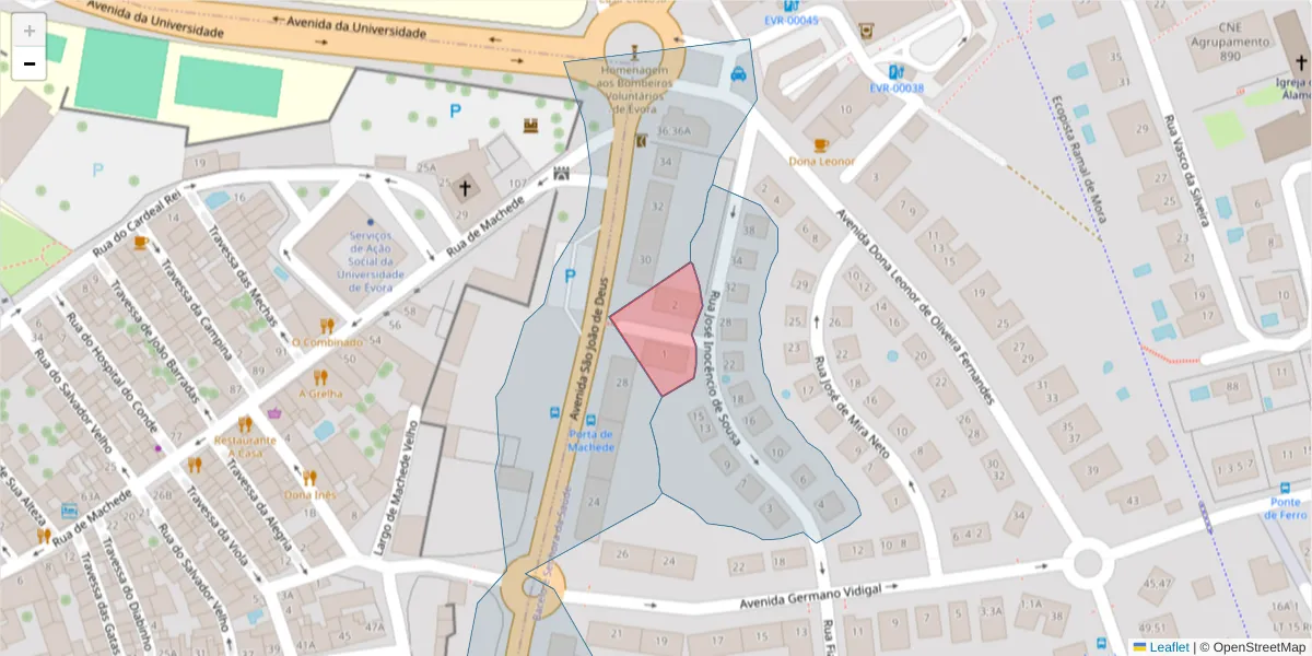 Mapa detalhado do código postal 7005-465 com limites, códigos postais vizinhos e agências dos correios