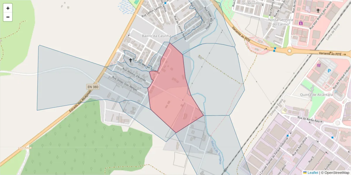 Mapa detalhado do código postal 7005-477 com limites, códigos postais vizinhos e agências dos correios