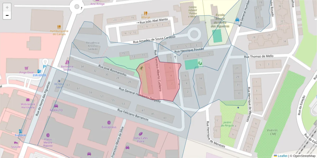 Mapa detalhado do código postal 7005-491 com limites, códigos postais vizinhos e agências dos correios