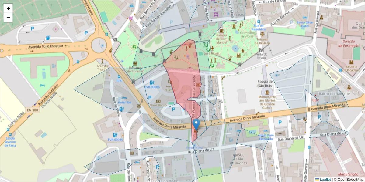 Mapa detalhado do código postal 7005-504 com limites, códigos postais vizinhos e agências dos correios