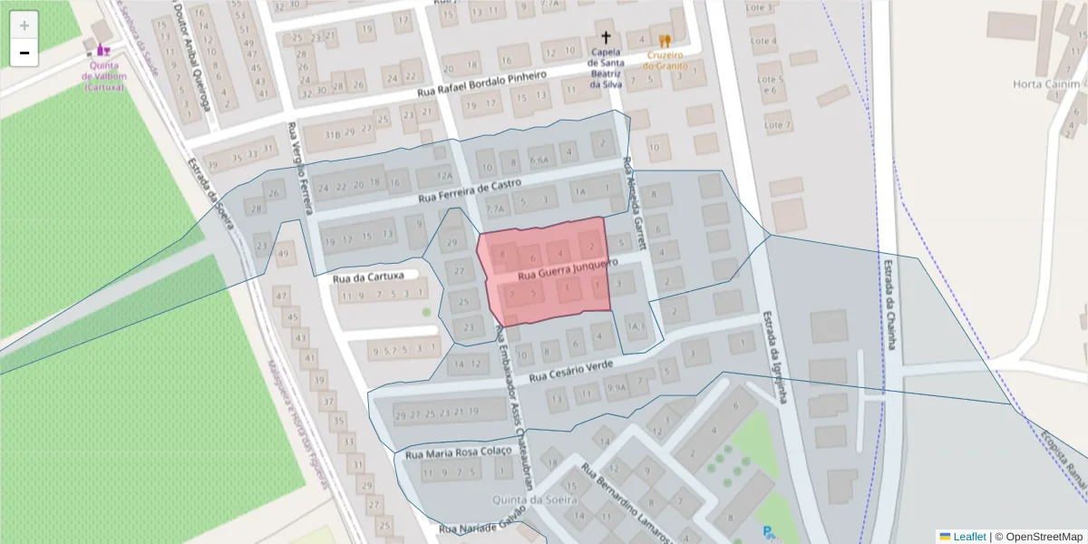 Mapa detalhado do código postal 7005-505 com limites, códigos postais vizinhos e agências dos correios