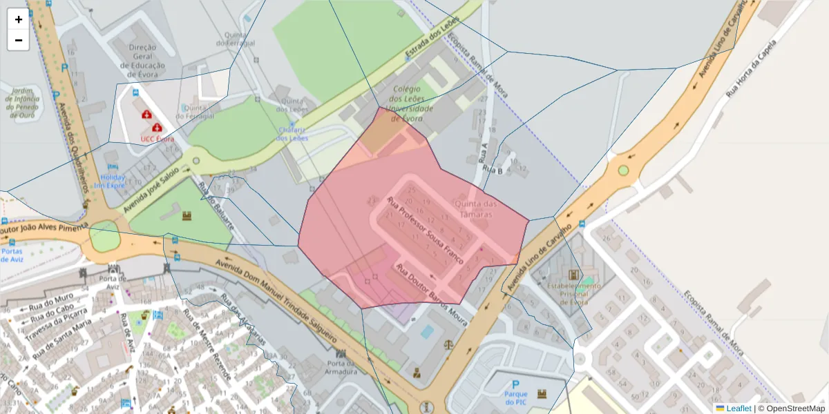 Mapa detalhado do código postal 7005-511 com limites, códigos postais vizinhos e agências dos correios