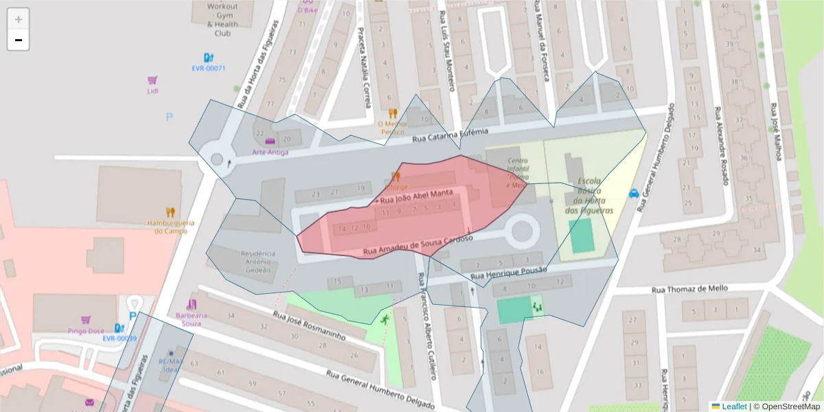 Mapa detalhado do código postal 7005-517 com limites, códigos postais vizinhos e agências dos correios