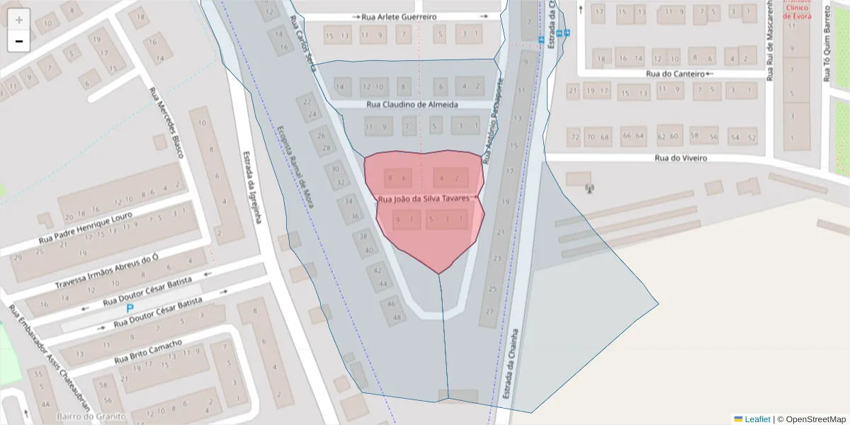 Mapa detalhado do código postal 7005-519 com limites, códigos postais vizinhos e agências dos correios