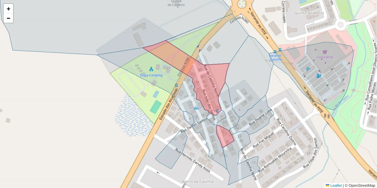 Mapa detalhado do código postal 7005-521 com limites, códigos postais vizinhos e agências dos correios