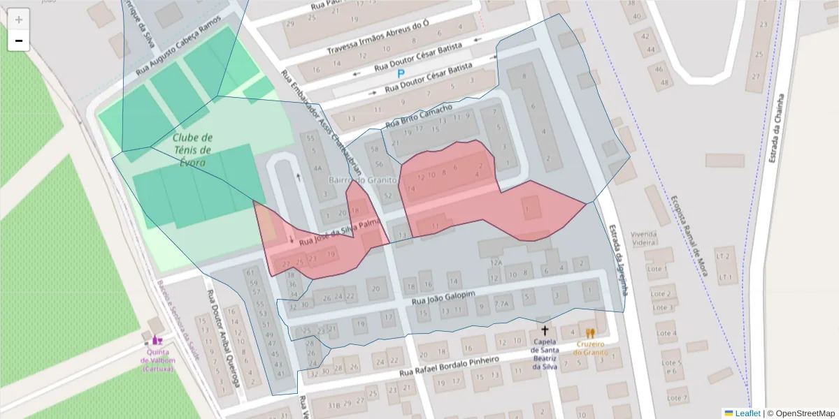 Mapa detalhado do código postal 7005-527 com limites, códigos postais vizinhos e agências dos correios