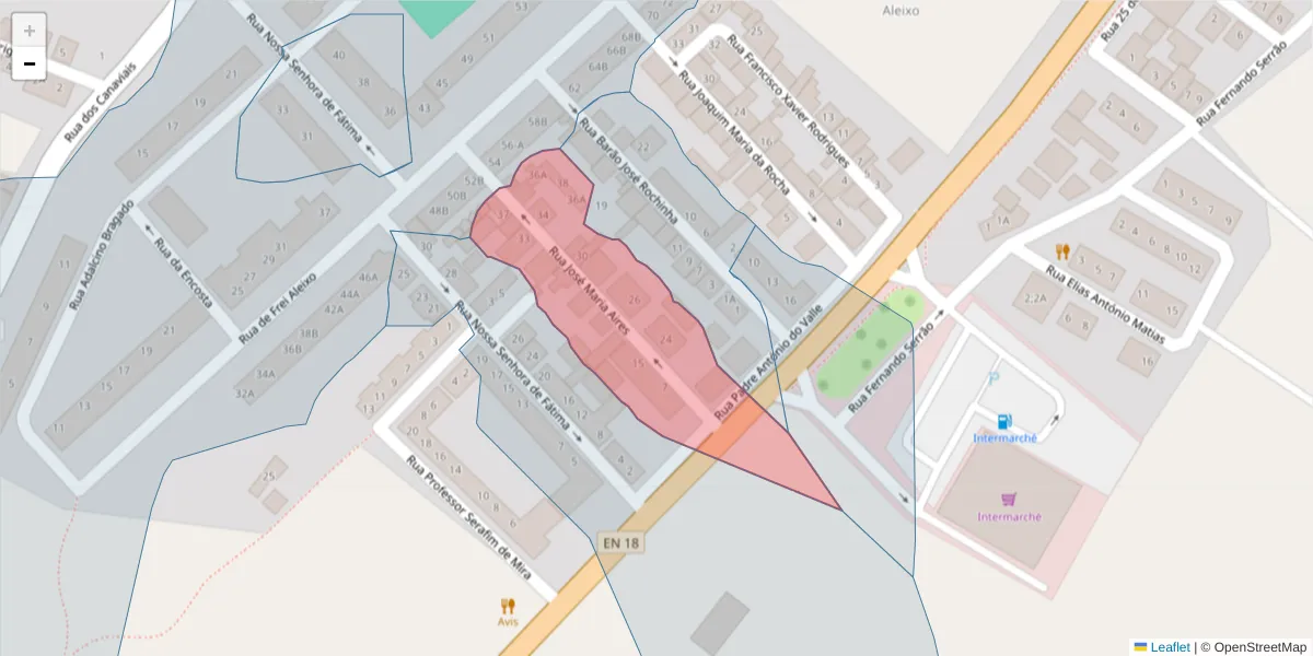 Mapa detalhado do código postal 7005-536 com limites, códigos postais vizinhos e agências dos correios