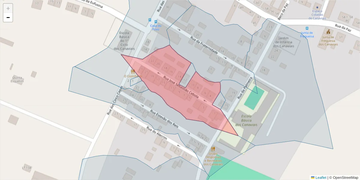 Mapa detalhado do código postal 7005-538 com limites, códigos postais vizinhos e agências dos correios